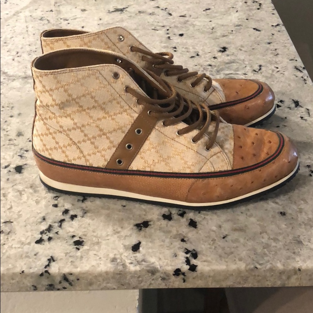 Gucci ostrich skin and canvas high top sneaker